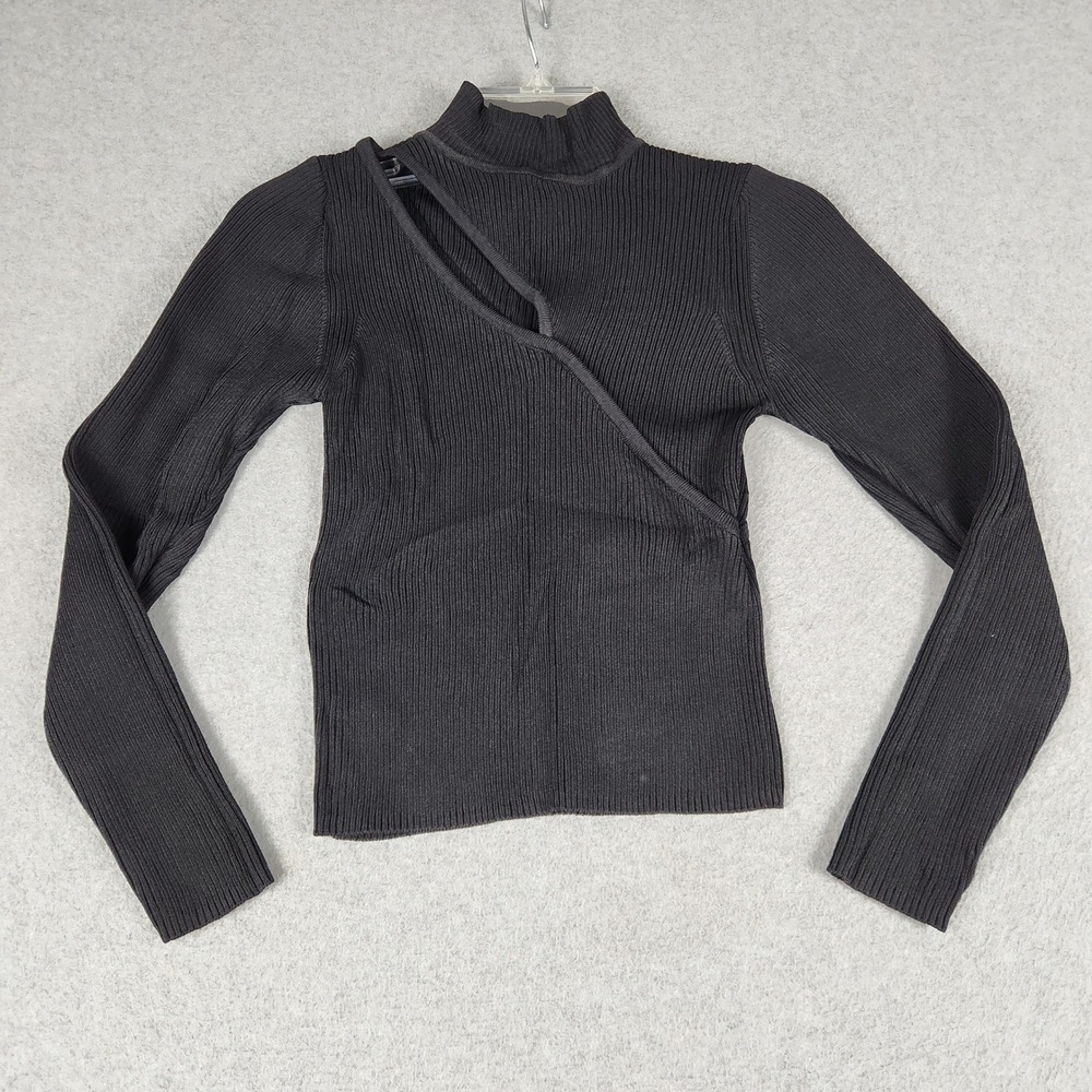 Forever 21 Knitted Top Women Small Black Cutout Ribbed Mock Neck Long Sleeve